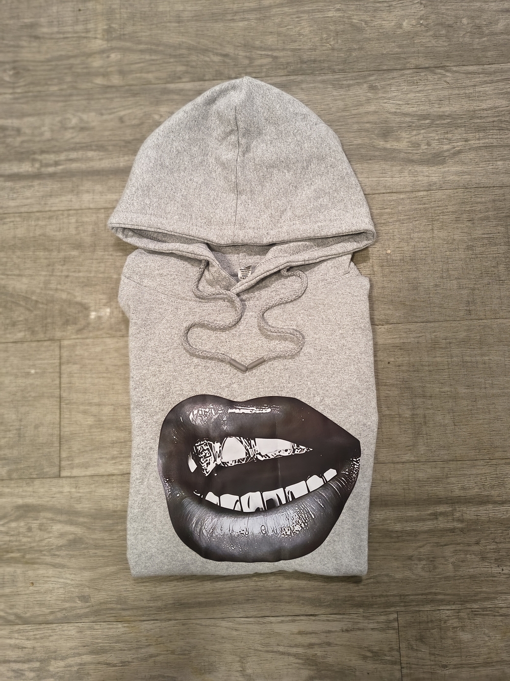 Y2K Grey Graphic Hoodie Iced Out Grillz Lips Oversized Streetwear